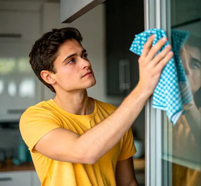 Мужчина натирает стекло